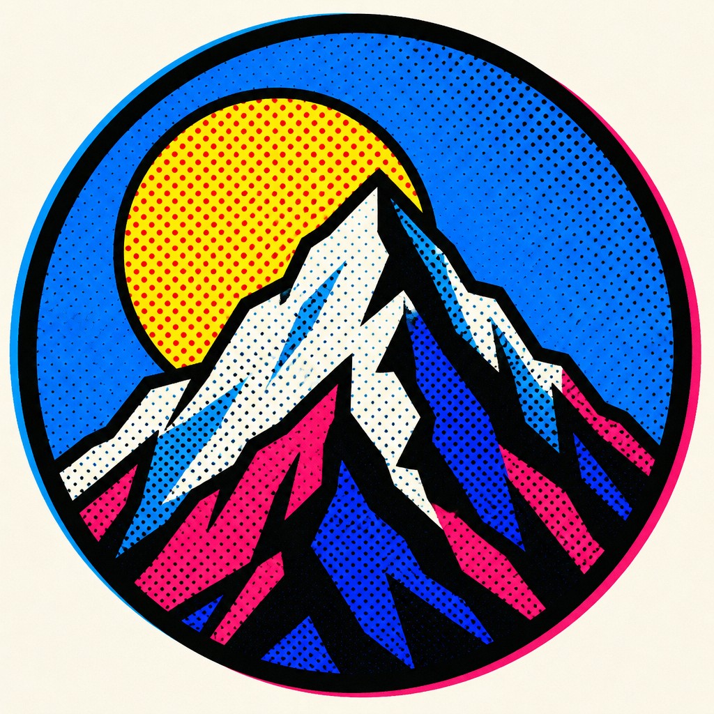 an emblem of a mountain peak inside a circle, simple bold shapes on a plain background, no text or lettering