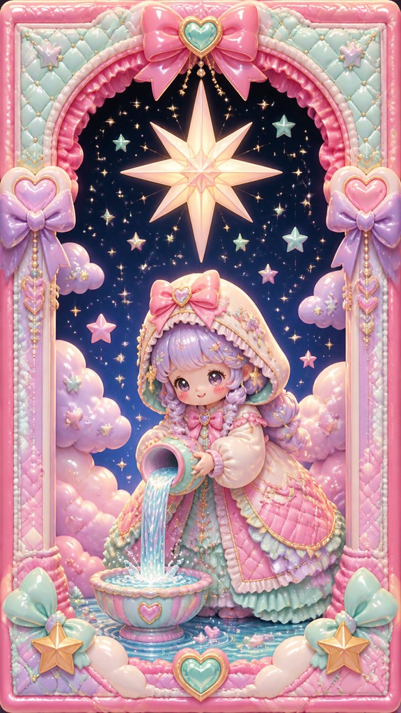 a robed figure pouring water beneath a large eight-pointed star in a night sky, symmetrical composition with an ornate decorative border, no text