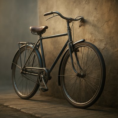 bicyle resting against a wall