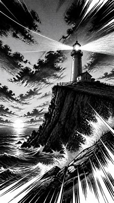 a lone lighthouse on a cliff at dusk under a dramatic sky, no text or lettering
