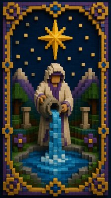 a robed figure pouring water beneath a large eight-pointed star in a night sky, symmetrical composition with an ornate decorative border, no text