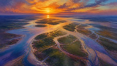a wide river delta seen from above at sunset, no people