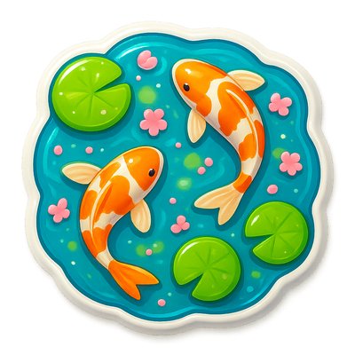 A koi pond seen from above, orange and white koi fish swimming among lily pads, clear water with subtle ripples, fallen cherry blossom petals floating on the surface, dappled sunlight