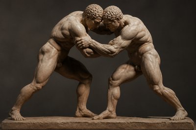 ancient greek wrestlers standing with arms locked together