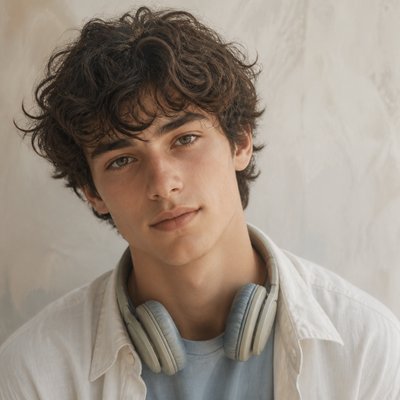 head-and-shoulders portrait of an original character: a young man with curly dark hair and headphones around his neck, plain backdrop, no text
