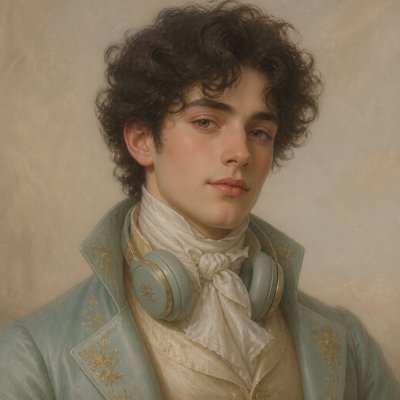 head-and-shoulders portrait of an original character: a young man with curly dark hair and headphones around his neck, plain backdrop, no text