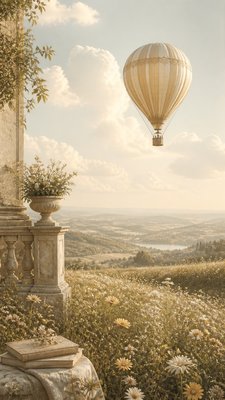 a hot air balloon drifting over rolling flower fields on a sunny day, cheerful, no text