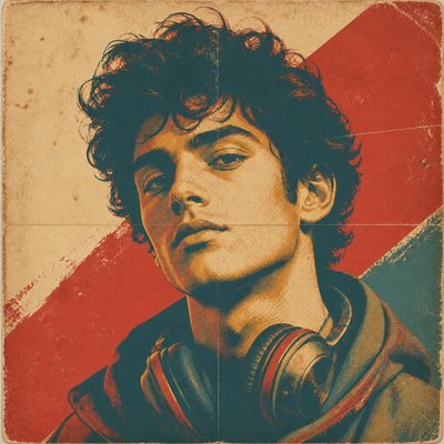 head-and-shoulders portrait of an original character: a young man with curly dark hair and headphones around his neck, plain backdrop, no text