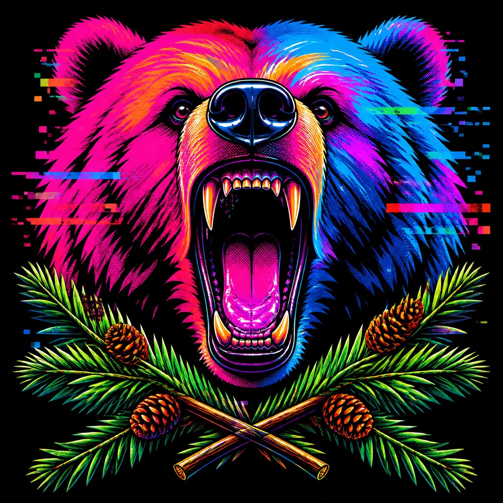 a roaring bear head above crossed pine branches, bold graphic composition on a plain background, no text