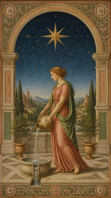 a robed figure pouring water beneath a large eight-pointed star in a night sky, symmetrical composition with an ornate decorative border, no text