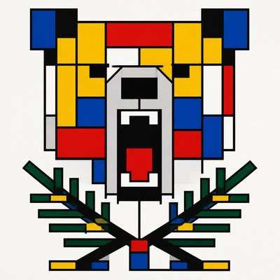 a roaring bear head above crossed pine branches, bold graphic composition on a plain background, no text