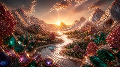 a vast valley with a river winding toward distant mountains at sunrise, no people, no text