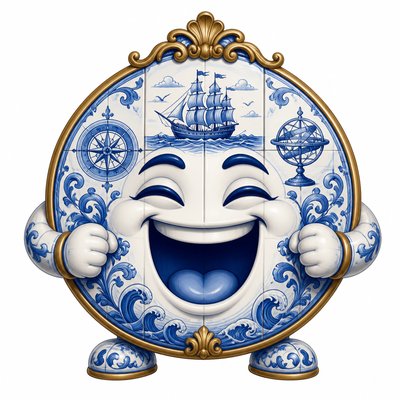 an exaggerated laughing face of an original round mascot character, bold and readable at small size, plain background, no text