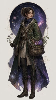 full-body original character: a wandering botanist with a satchel of plants, a patched green cloak, tall boots and round glasses, neutral background