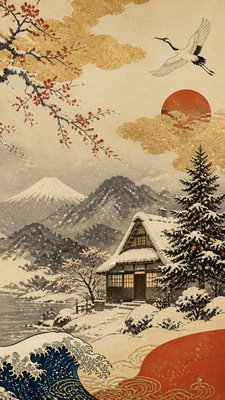 a snow-covered cottage with warm glowing windows beside a decorated pine tree, gentle snowfall, no text