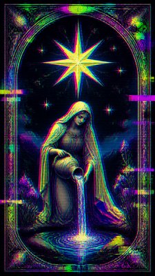 a robed figure pouring water beneath a large eight-pointed star in a night sky, symmetrical composition with an ornate decorative border, no text