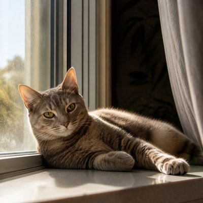 a cat lounging in a sunlit window