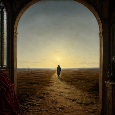 a solitary figure walking toward a glowing horizon across an empty plain, moody atmosphere, no text or lettering