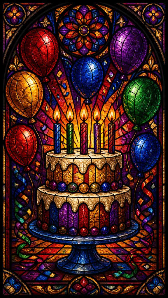 a birthday cake with lit candles surrounded by balloons and confetti, festive vertical composition, no text
