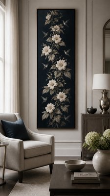 a climbing vine of flowers and hummingbirds on a dark background, tall wrapping composition, no text