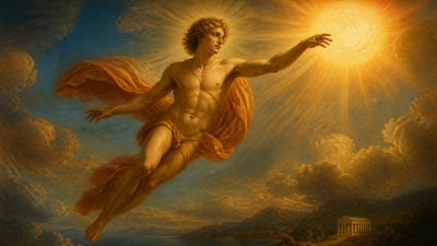 ancient greek ignudi Apollo floating near the sun 
