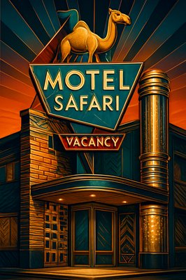 Create an image of the Motel Safari in Tucumcari, showcasing its distinctive Doo Wop or Googie architectural style. The design should feature counter-stacked brickwork with oozing mortar, cinder block walls with unique openings, and metal cylinders with perforated holes that glow softly at night. The sign should incorporate playful geometric shapes, with Clyde the Camel prominently perched on top, illuminated against a vibrant sunset sky. Include a retro Route 66 vibe with neon accents and a welcoming "VACANCY" sign.