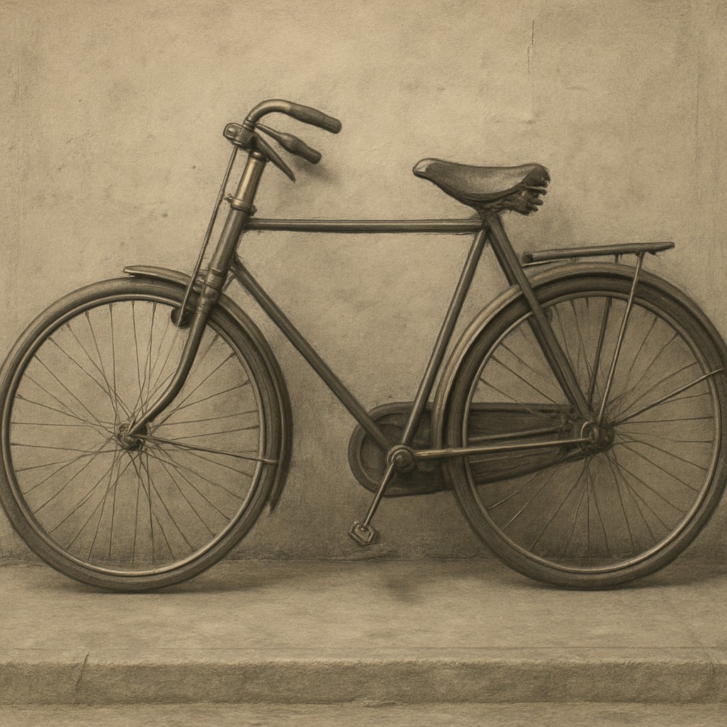 bicyle resting against a wall
