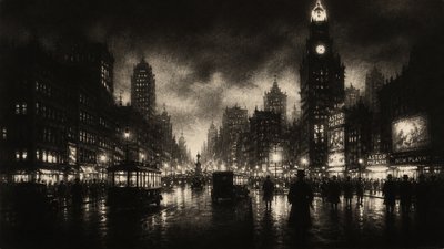 bustling city street panorama at dusk