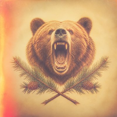 a roaring bear head above crossed pine branches, bold graphic composition on a plain background, no text