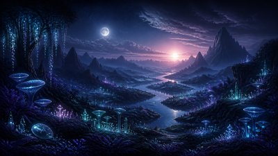 a vast valley with a river winding toward distant mountains at sunrise, no people, no text