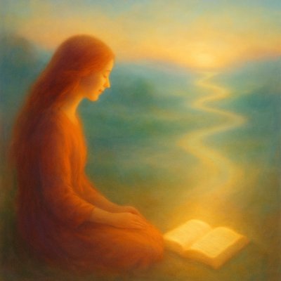 profound image representing the verse Psalm 119:15. The scene depicts a solitary lady with flowing, long red hair, in a posture of deep contemplation or meditation. She is seated or kneeling in a peaceful, natural setting – perhaps on a gentle hillside overlooking a tranquil landscape, by a calm body of water, or within a serene garden. Her expression is focused and reverent.

Before her, or subtly integrated into the scene, is an ancient scroll or open book, glowing with a soft, ethereal light, symbolizing God's precepts. Her posture and gaze are directed towards this source of wisdom, with a clear sense of 'fixing her eyes' on its profound truth.

Extending from the scroll/book, or subtly woven into the distant landscape, are luminous, ethereal pathways or guiding lights, representing 'Your ways' (God's ways). These pathways are clear and inviting, leading towards a bright, hopeful horizon, symbolizing divine guidance and understanding. The atmosphere is tranquil and reflective, bathed in soft, warm, golden light (perhaps dawn or dusk), signifying clarity and spiritual insight. The overall mood is one of peace, deep wisdom, divine guidance, and focused devotion, rendered with a beautiful, luminous quality."