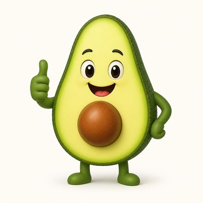 a happy avocado character giving a thumbs up, bold readable design on a plain background, no text