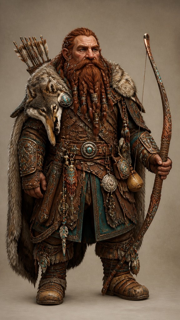 full-body original character: a dwarven ranger with a braided auburn beard, worn leather armor, a longbow and a wolf-pelt cloak, neutral background, no text