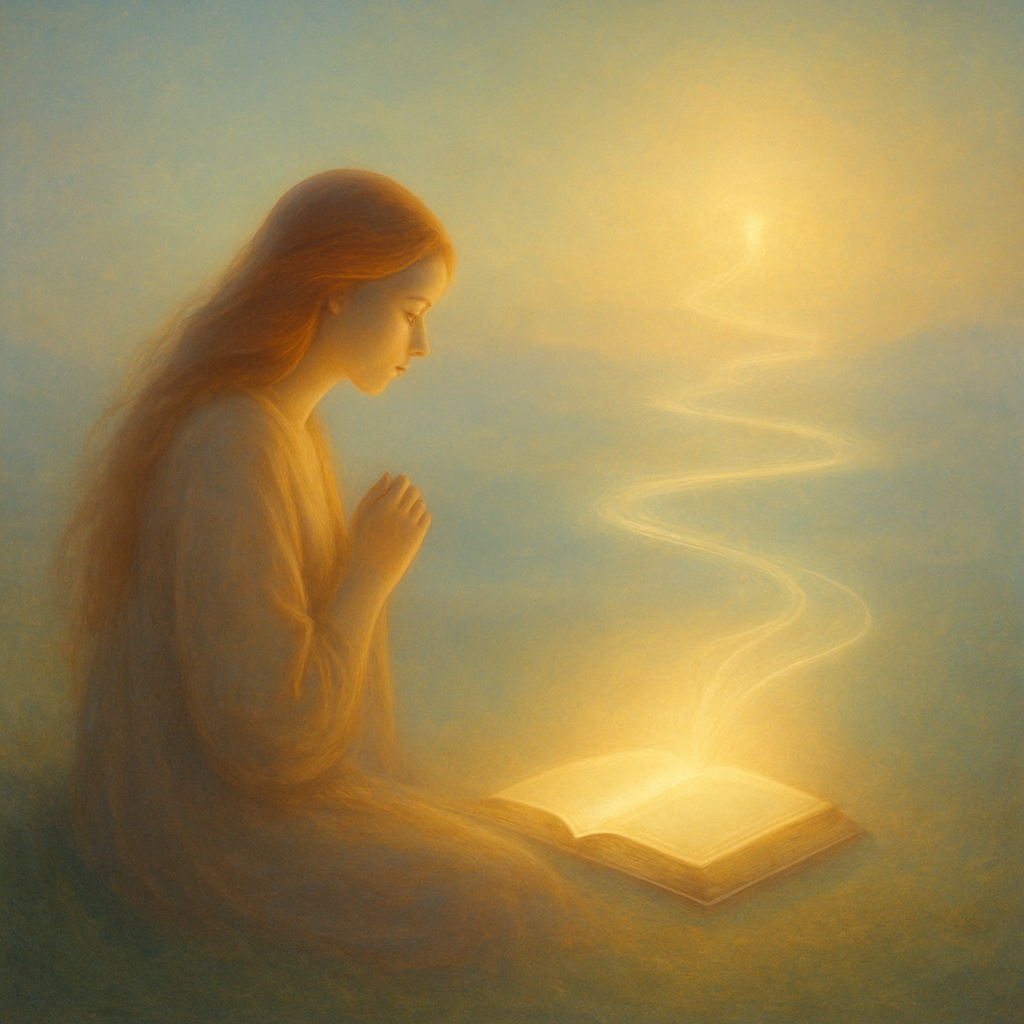 profound image representing the verse Psalm 119:15. The scene depicts a solitary lady with flowing, long red hair, in a posture of deep contemplation or meditation. She is seated or kneeling in a peaceful, natural setting – perhaps on a gentle hillside overlooking a tranquil landscape, by a calm body of water, or within a serene garden. Her expression is focused and reverent.
Before her, or subtly integrated into the scene, is an ancient scroll or open book, glowing with a soft, ethereal light, symbolizing God's precepts. Her posture and gaze are directed towards this source of wisdom, with a clear sense of 'fixing her eyes' on its profound truth.
Extending from the scroll/book, or subtly woven into the distant landscape, are luminous, ethereal pathways or guiding lights, representing 'Your ways' (God's ways). These pathways are clear and inviting, leading towards a bright, hopeful horizon, symbolizing divine guidance and understanding. The atmosphere is tranquil and reflective, bathed in soft, warm, golden light (perhaps dawn or dusk), signifying clarity and spiritual insight. The overall mood is one of peace, deep wisdom, divine guidance, and focused devotion, rendered with a beautiful, luminous quality."