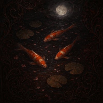 A koi pond seen from above, orange and white koi fish swimming among lily pads, clear water with subtle ripples, fallen cherry blossom petals floating on the surface, dappled sunlight