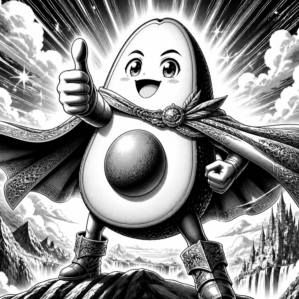 a happy avocado character giving a thumbs up, bold readable design on a plain background, no text