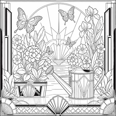 a garden scene with butterflies, flowers and a watering can, clean uncolored line art, no text