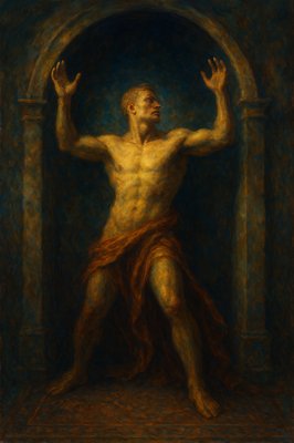 a painting of a man standing in a doorway