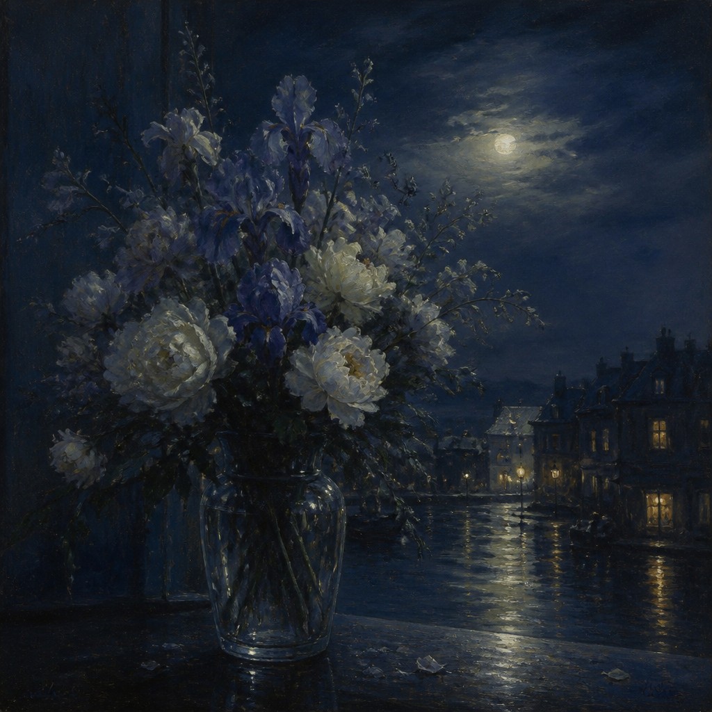 bouquet of flowers in a glass vase — Nocturne Painting Style