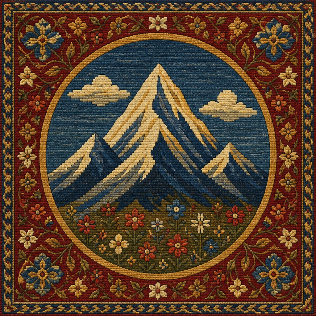 an emblem of a mountain peak inside a circle, simple bold shapes on a plain background, no text or lettering