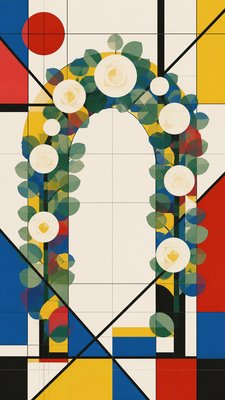 an arch of white roses and eucalyptus in soft morning light, elegant vertical composition with open space, no text