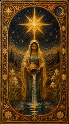 a robed figure pouring water beneath a large eight-pointed star in a night sky, symmetrical composition with an ornate decorative border, no text
