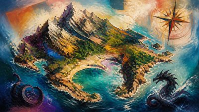 a map of an island realm with mountains, forests, a sheltered bay, sea monsters in the water and a compass rose, no text labels