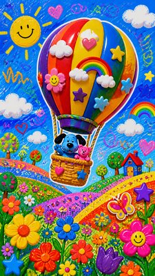 a hot air balloon drifting over rolling flower fields on a sunny day, cheerful, no text
