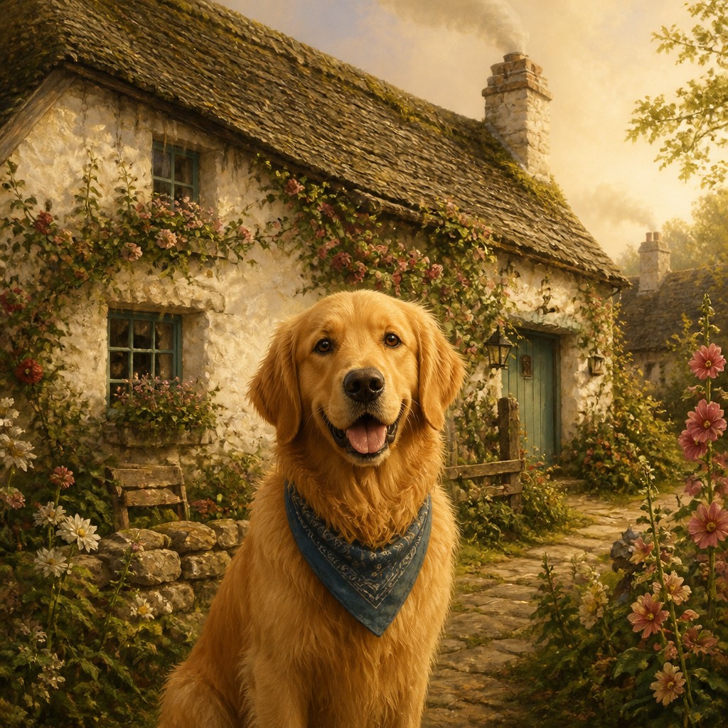 portrait of a golden retriever wearing a blue bandana, warm plain backdrop, no text
