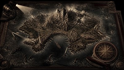a map of an island realm with mountains, forests, a sheltered bay, sea monsters in the water and a compass rose, no text labels