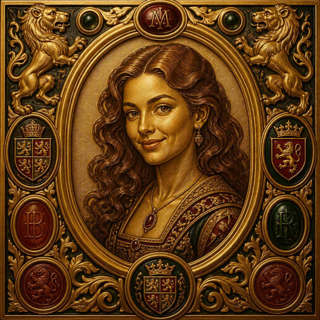 head-and-shoulders portrait of an original character: a young woman with wavy chestnut hair and a warm smile, plain soft backdrop