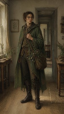full-body original character: a wandering botanist with a satchel of plants, a patched green cloak, tall boots and round glasses, neutral background
