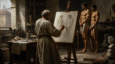 Michelangelo drawing two athletes posing in his studio