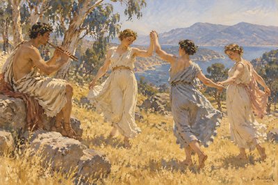 ancient greek flute player and three maidens dancing